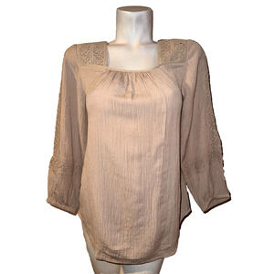 SOFT SURROUNDINGS Top Women's Size XS Brown Crochet Shoulder/Sleeve Shirt Tunic